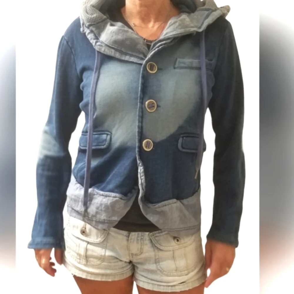 RARE! We the Free / Free People distressed soft jean denim cotton hooded blaze… - Picture 4 of 10